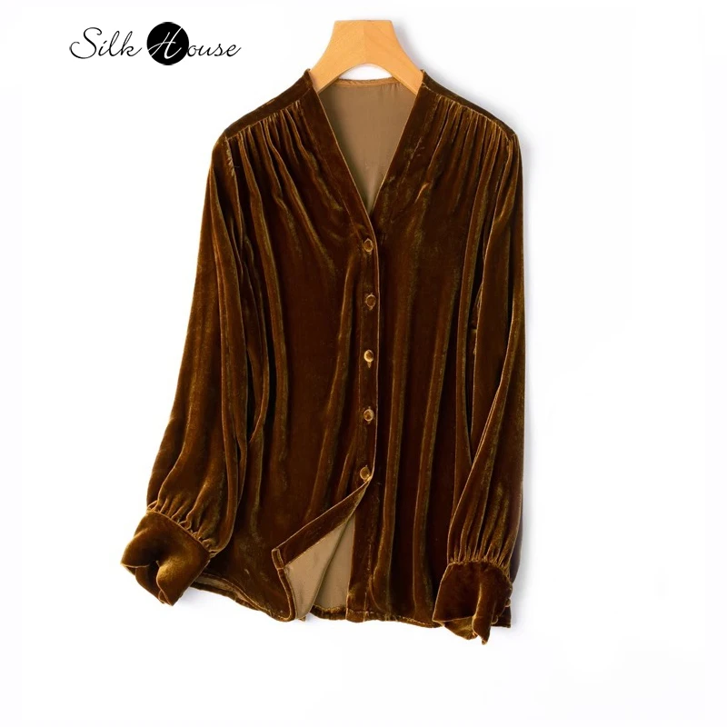 

Original Design Retro Caramel 30% Natural Mulberry Silk Velvet V-neck Retro Lantern Long Sleeve Women's Autumn/Winter Shirt