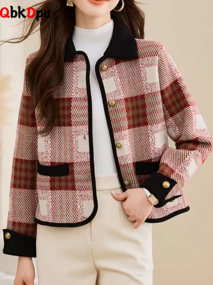 

Vintage Plaid Design Outerwears Women Casual Lapel Neck Single Breasted Jackets Tops Korean Fashion Long Sleeve Chaquetas New