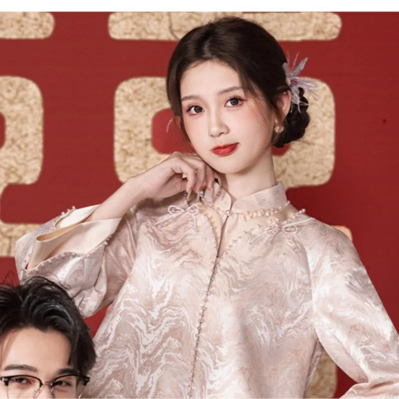 New Chinese-style pink toasting short cheongsam two-piece skirt set