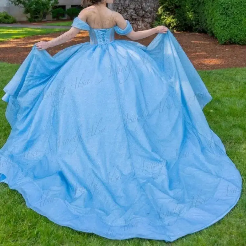 Robe de Bal Élégante Bleu Ciel pour Fille, Tenue de 16e Anniversaire, avec Perles, à Lacets dans le Dos