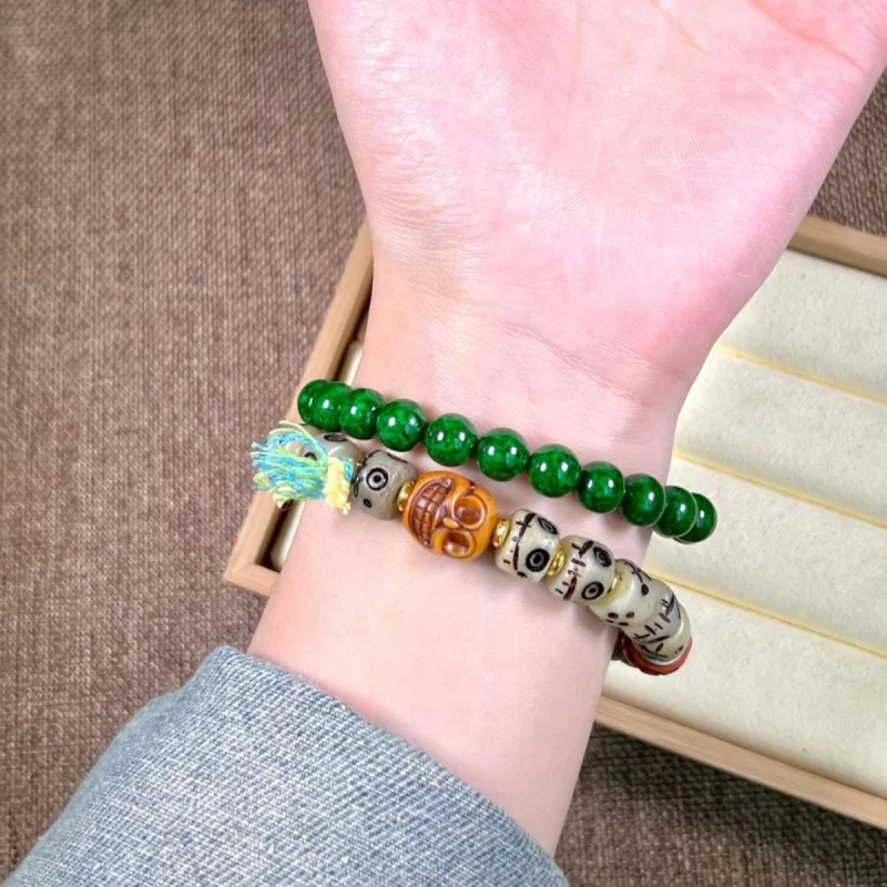 Tibetan-style cultural item yak bone beads with face and silly charm, single-loop accessory bracelet