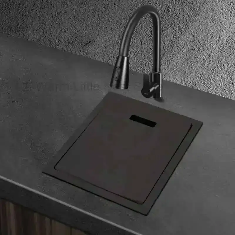 Küchenspüle aus Edelstahl 304, schwarz, Nano, kleines Waschbecken mit einem Schlitz, Geschirrspülinsel, Waschbecken mit Abdeckplatte