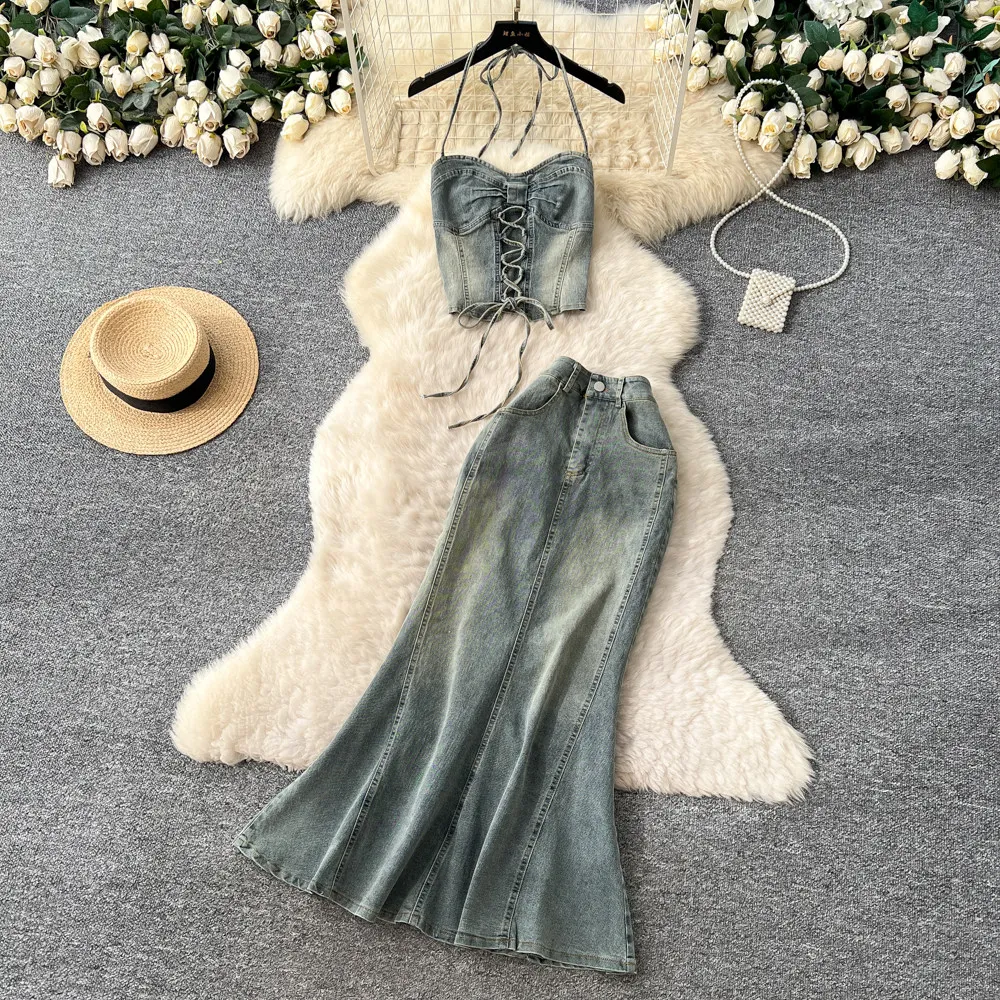 Women Matching Set Chic Halter Tie Denim Crop Top High Waist Mermaid Skirt Slim Two Piece Dress Set