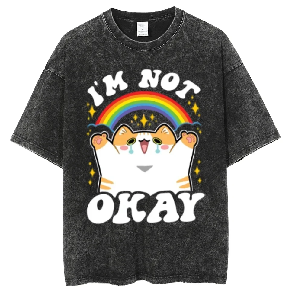 Cute Bear Graphic T Shirts Men Y2k Washed Tshirt Heavy Mental T-shirts Retro Hip Top Tees 100% Cotton Streetwear Unisex