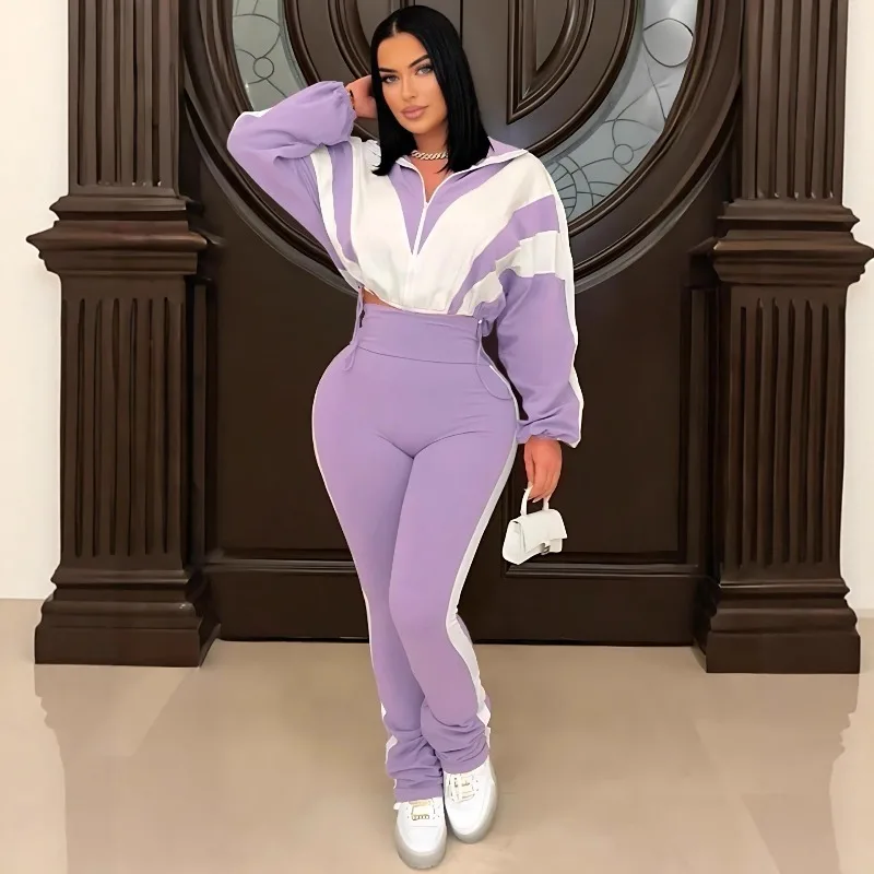 

Color-blocking Patchwork Sportswear Set Women Featuring High-waisted Trousers Cardigan Jacket Fashionable Individual Comfort