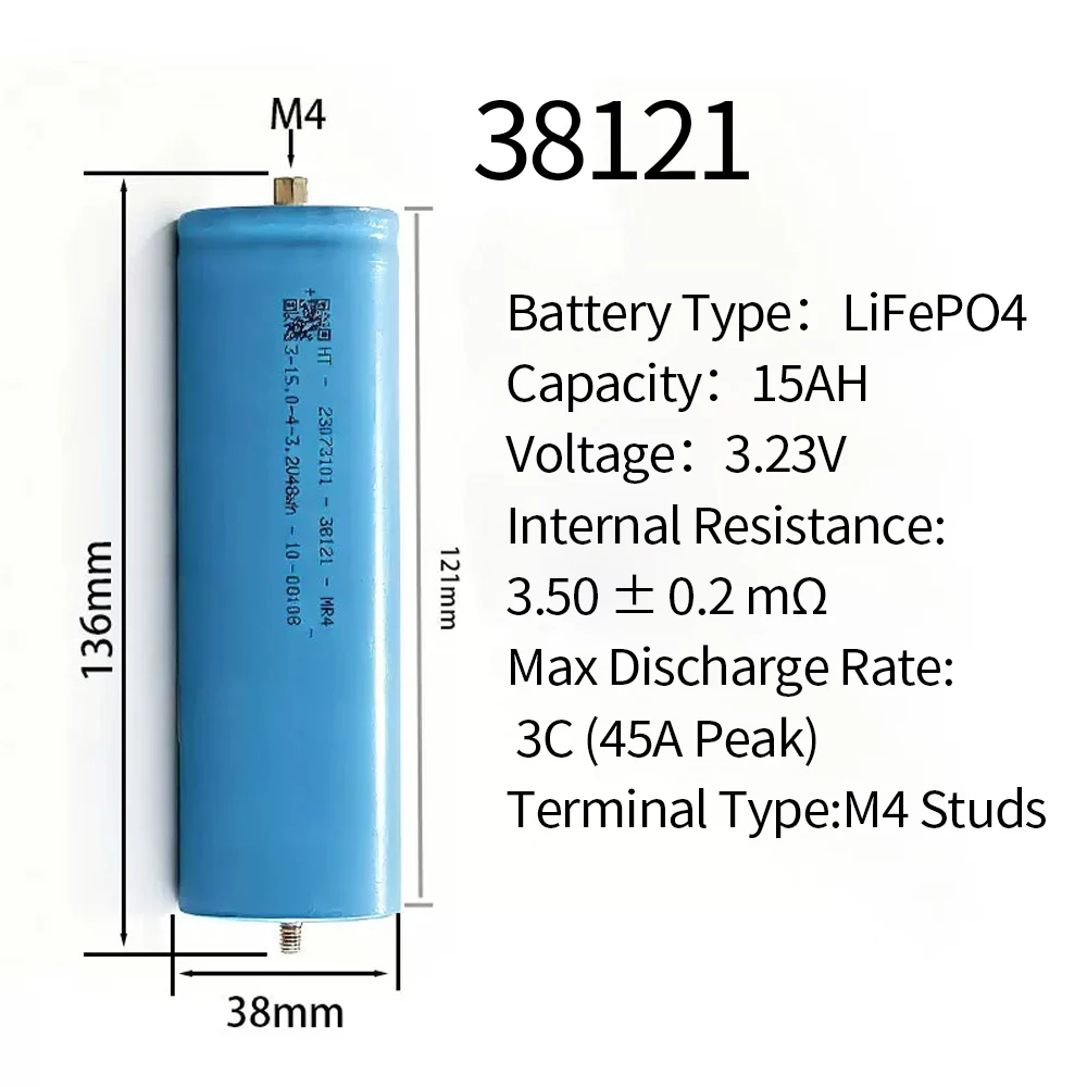 38121 LiFePO4 Battery 3.2V 15Ah HT38121 Cylindrical Power Battery with Screw Terminals M4 Studs for Solar Energy EV Pack Lifepo4