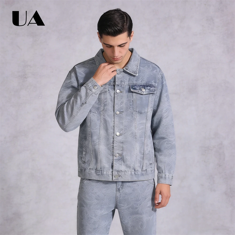 

Men's Denim 2-Piece Set: Washed Blue Jacket & Pants Classic Button-Front Coat & Straight-Leg Jeans – Casual Daily Streetwear,