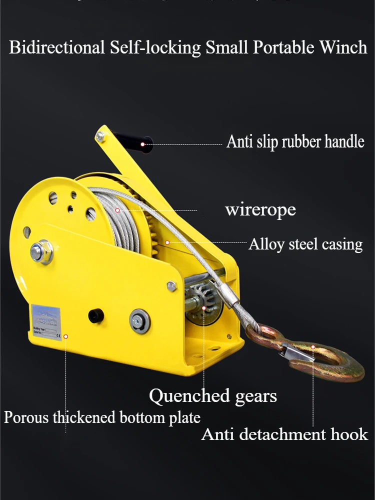 Manual winch two-way self-locking small automatic brake winch portable traction hoist lifting crane 1200 Pounds 10m Wirerope