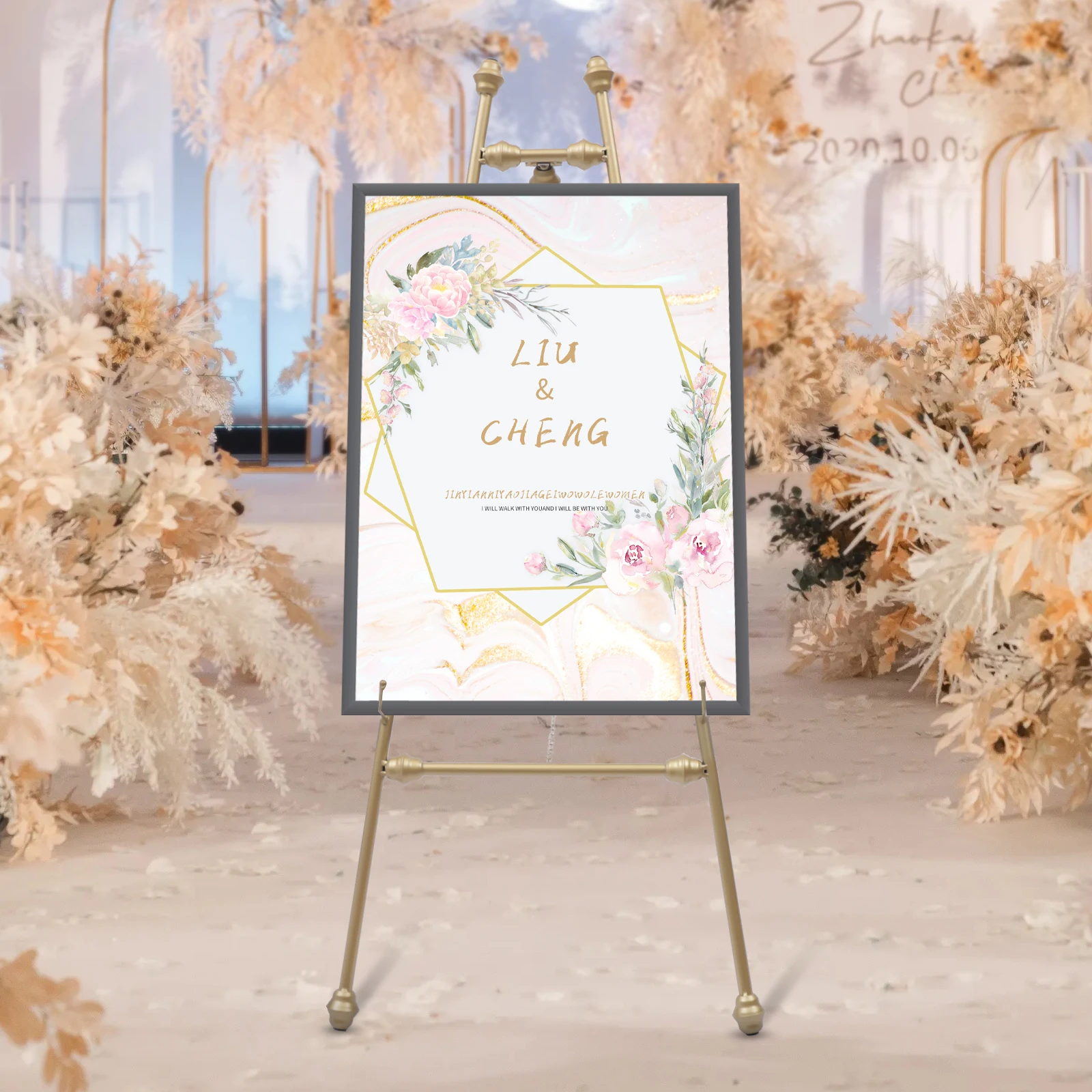 Gouden fotolijst displaystandaard voor bruiloftsfoto's, jubilea en evenementen |   Set van 2 Achtergrond-ezels 50x118cm, ijzeren decor