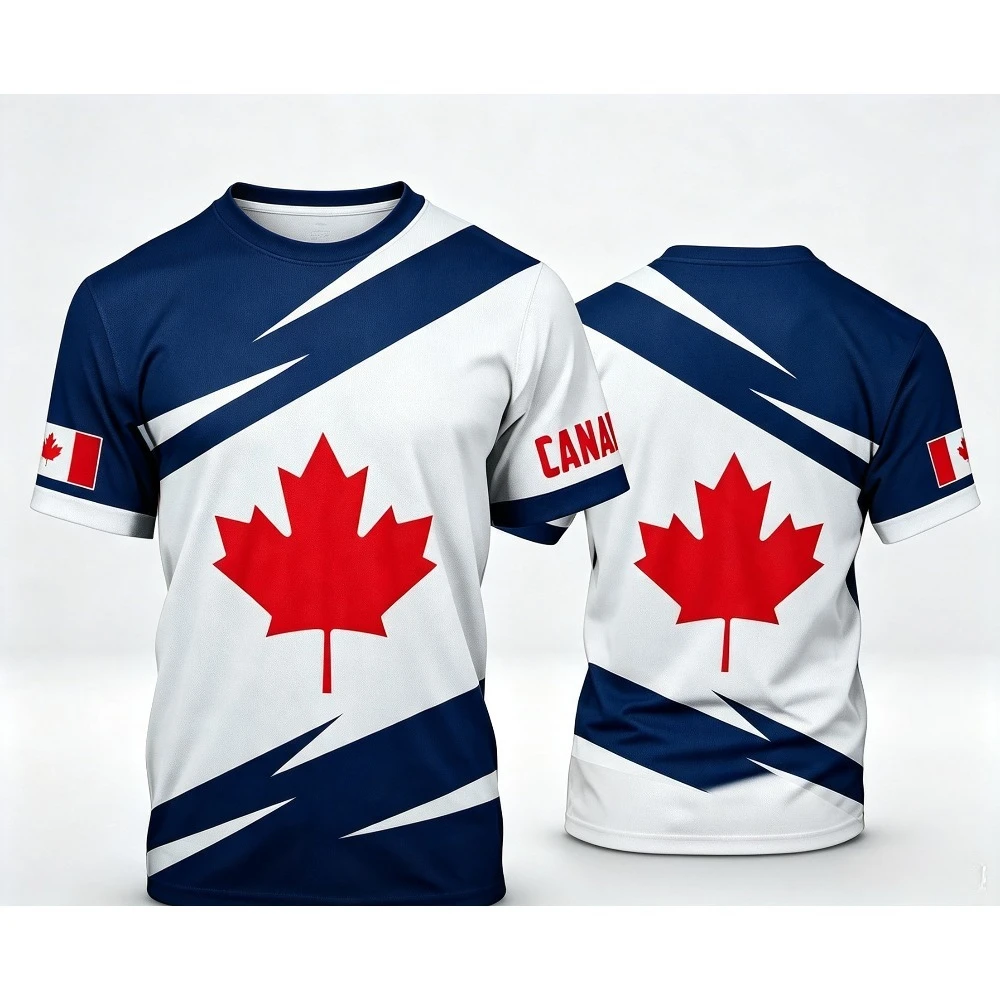 Canada Maple Leaf Sport T-Shirt 2 Colors Red  Navy Splicing Short Sleeve Tee Canadian Flag Print Casual Athletic Jersey