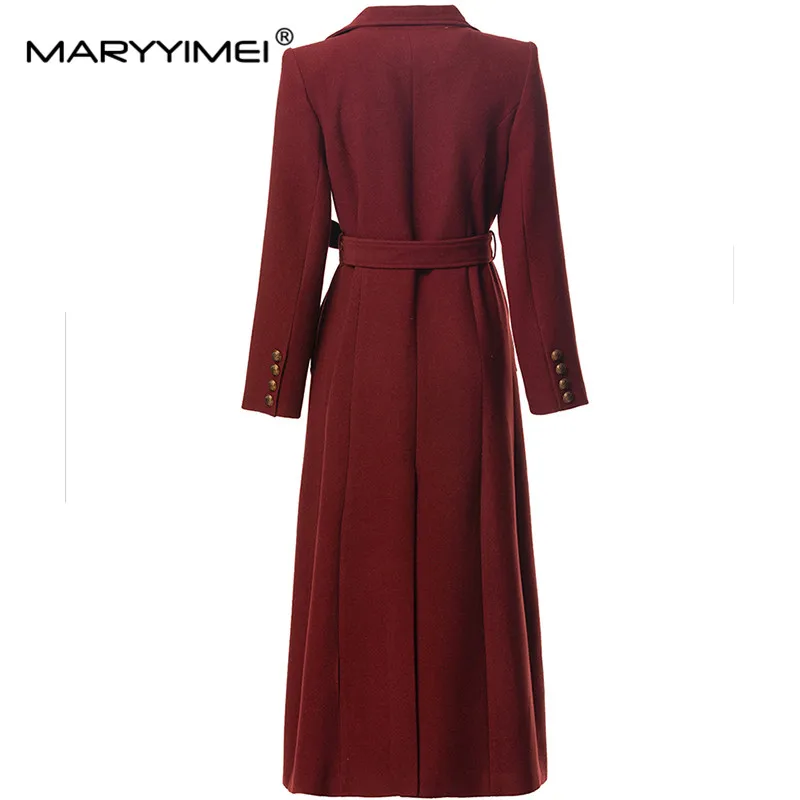 MARYYIMEI Dames Nieuwe Stijl Jas Coltrui Lange Mouwen Lace-Up Slanke Wijnrood Herfst en Winter Lange Overjas