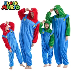 Super Mario Bros Cartoon Children Adult One-piece Pajamas Cute Luigi Homewear Children Warm One-piece Pajamas Christmas Gift