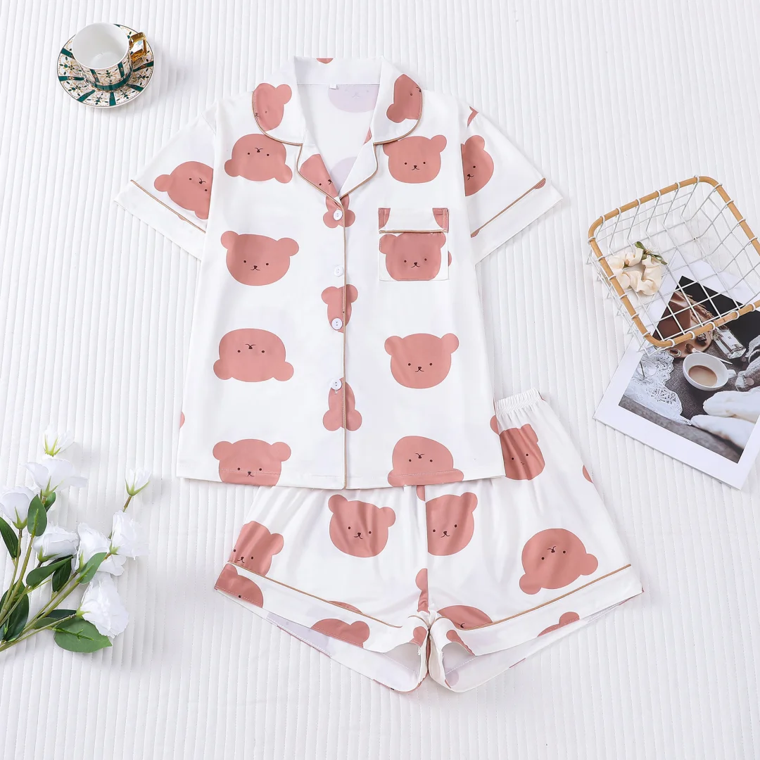 

Cute Women's Pajama with Brown Bear Print White Lapel Short Sleeves and Shorts Pants Home Wear Set Clothes Gifts