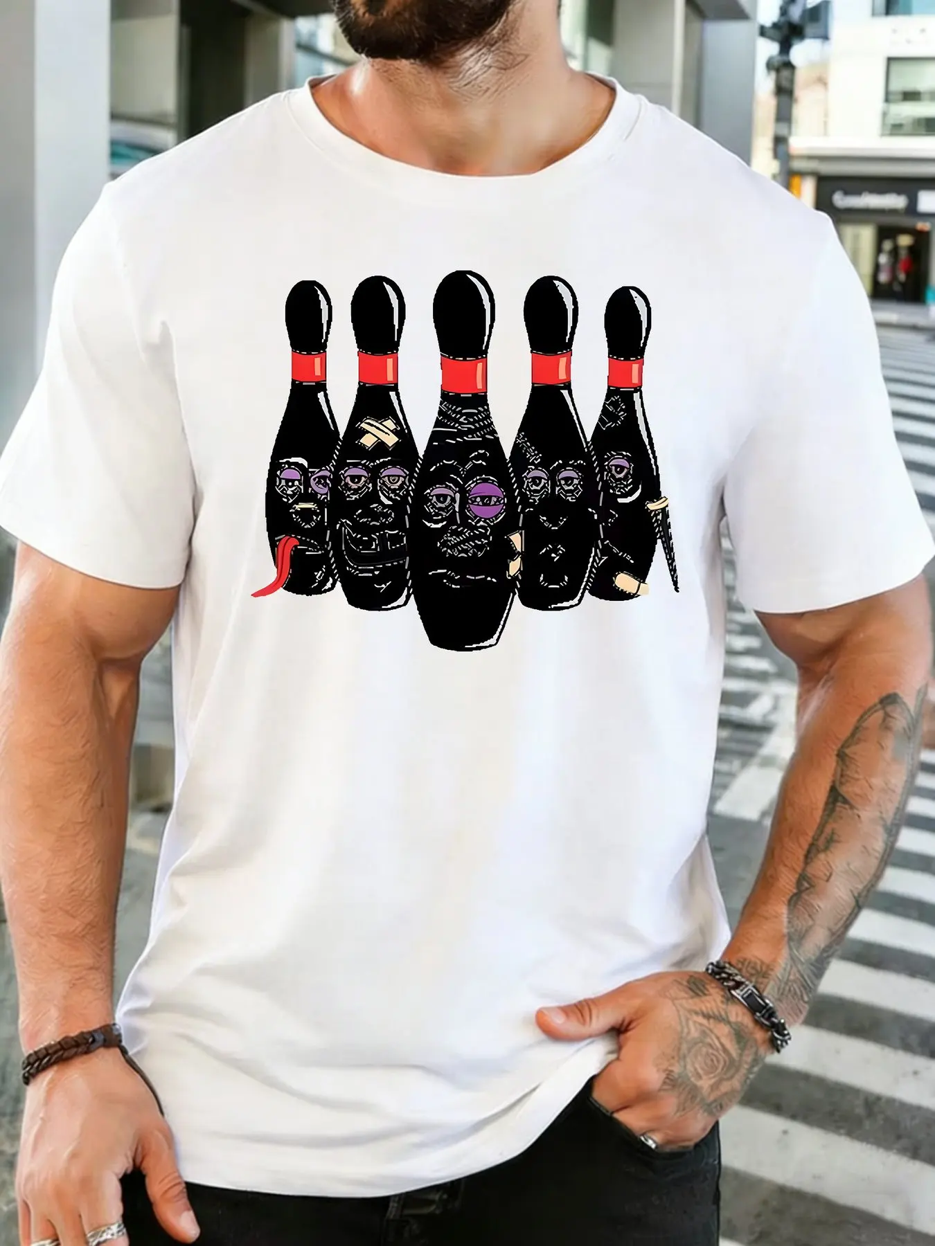 Men Cotton Crew Neck T Shirt Funny Injured Face Bowling Pins Graphic Bowling Sports Lover Casual Short Sleeve Male Daily Top