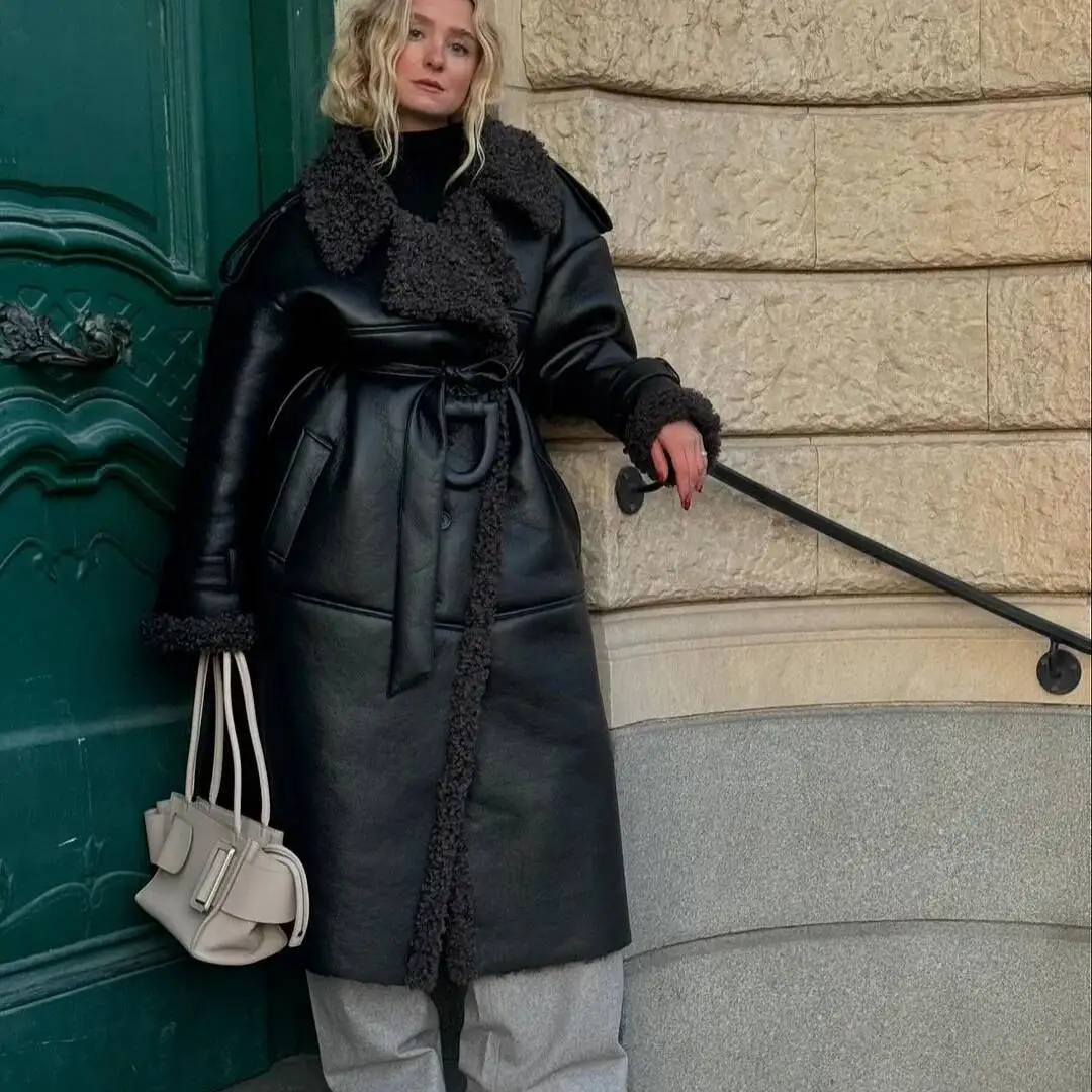 

Зимнее осеннее длинное пальто из овчины с лацканами, уникальное модное женское пальто в уличном стиле с завязкой на талии