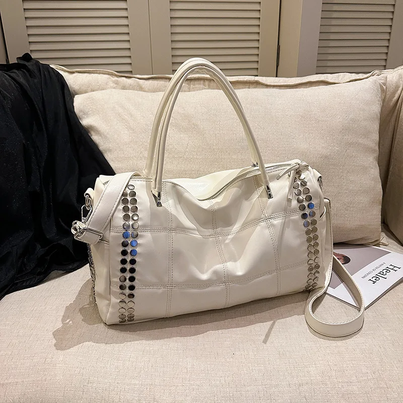 2027 New Fashion Retro Style Metal Rivet Tote Bag Women's Handbag Large Capacity Motorcycle Bag Detachable Shoulder Strap
