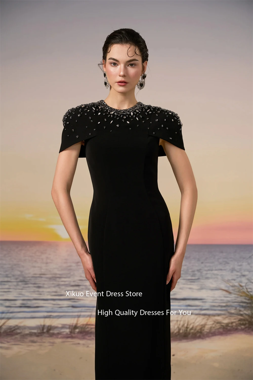 فستان سهرة رسمي أسود مستقيم من Xikuo بأكمام قصيرة فساتين حفلات كريستال مطرز سباركلي فساتين المشاهير حسب الطلب #3