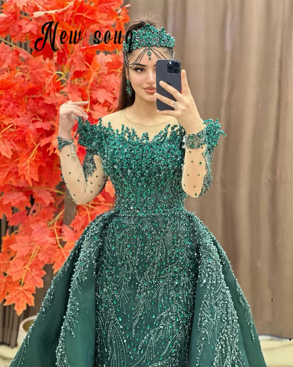 Elegante smaragdgrüne Hochzeits-Partykleider, langer Überrock, Saudi-Arabien, Abendkleid, Anlasskleid, individuelle Ballkleider