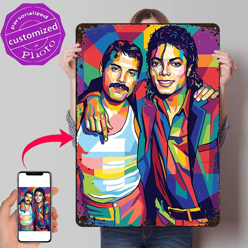 Freddie Mercury and Michael Jackson Pop Art Personalized 3D Textured Metal Poster Wall Art Vintage Tin Signs for Decor Luxury