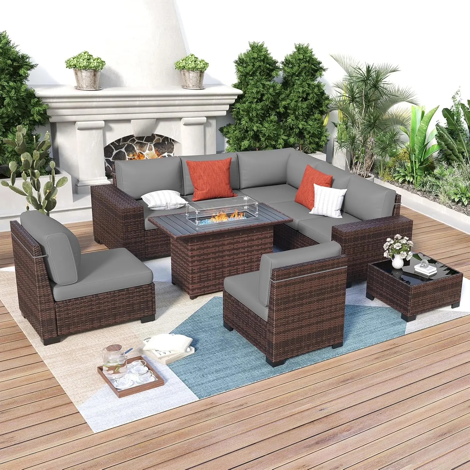 Outdoor Patio Furniture Wide Sectional Rattan Sofa Set, Wicker  Conversation Set w/Cover for Deck, Poolside, Porch