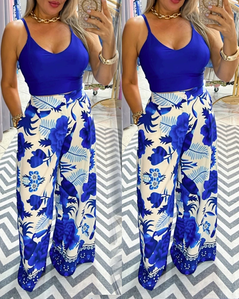 

Solid color camisole top printed wide leg pants set for women's fashion casual suit, spring/summer 2025 new item