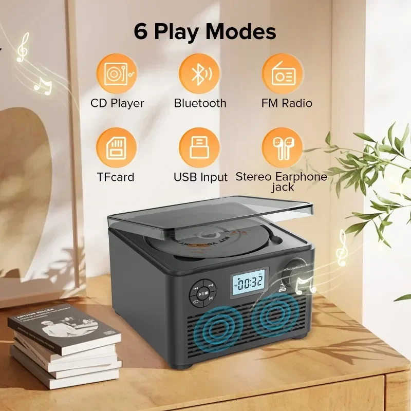 Retro Home CD Player with Bluetooth FM Radio, Portable Music Disc Album Stereo System for Home Use, Vintage Gift Idea