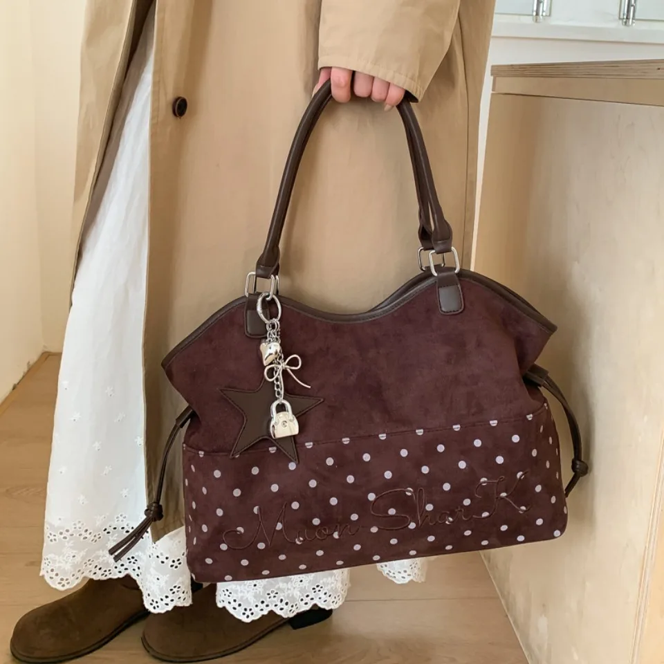 

Vintage Frosted Tote Bag Casual Students Purse Large Capacity Shoulder Bag Polka Dot Drawstring Zipper Handbag with Star Pendant