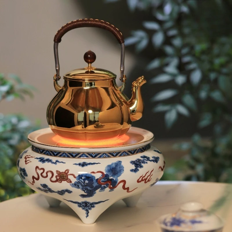 

Электрическая керамическая плита с голубой и белой глазурью и красным львом, гортензия, чайная плита, чайная плита