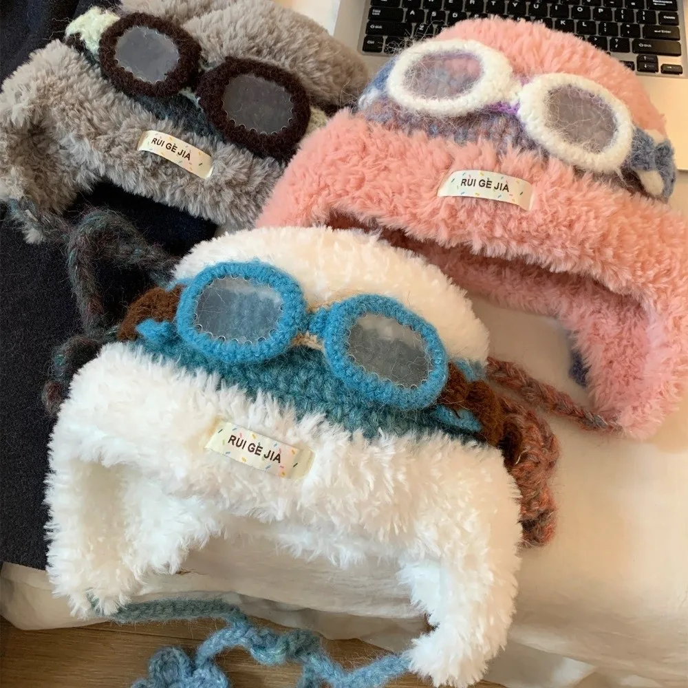 New Warm Winter Flight Hats with Glasses Windproof Wool Beanie Hat Ear Protection Soft Pullover Cap For Women
