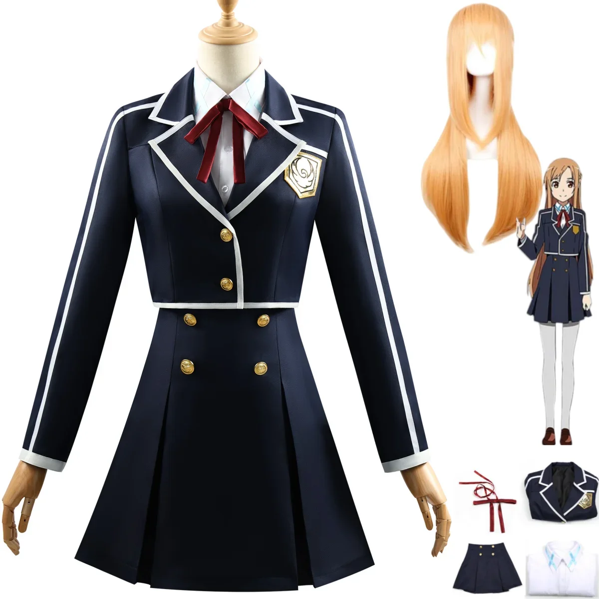 Anime Sword Art Online Yuuki Asuna Cosplay Costume Wig JK School Uniform Shirt Coat Woman Cute Halloween Carnival Party Suit