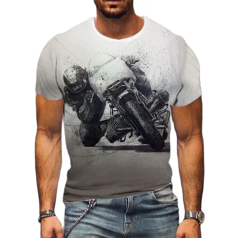 Stylish and cool 3D motorcycle graphic T-shirt, summer men's casual trendy hip-hop street casual personalized crew neck T-shirt