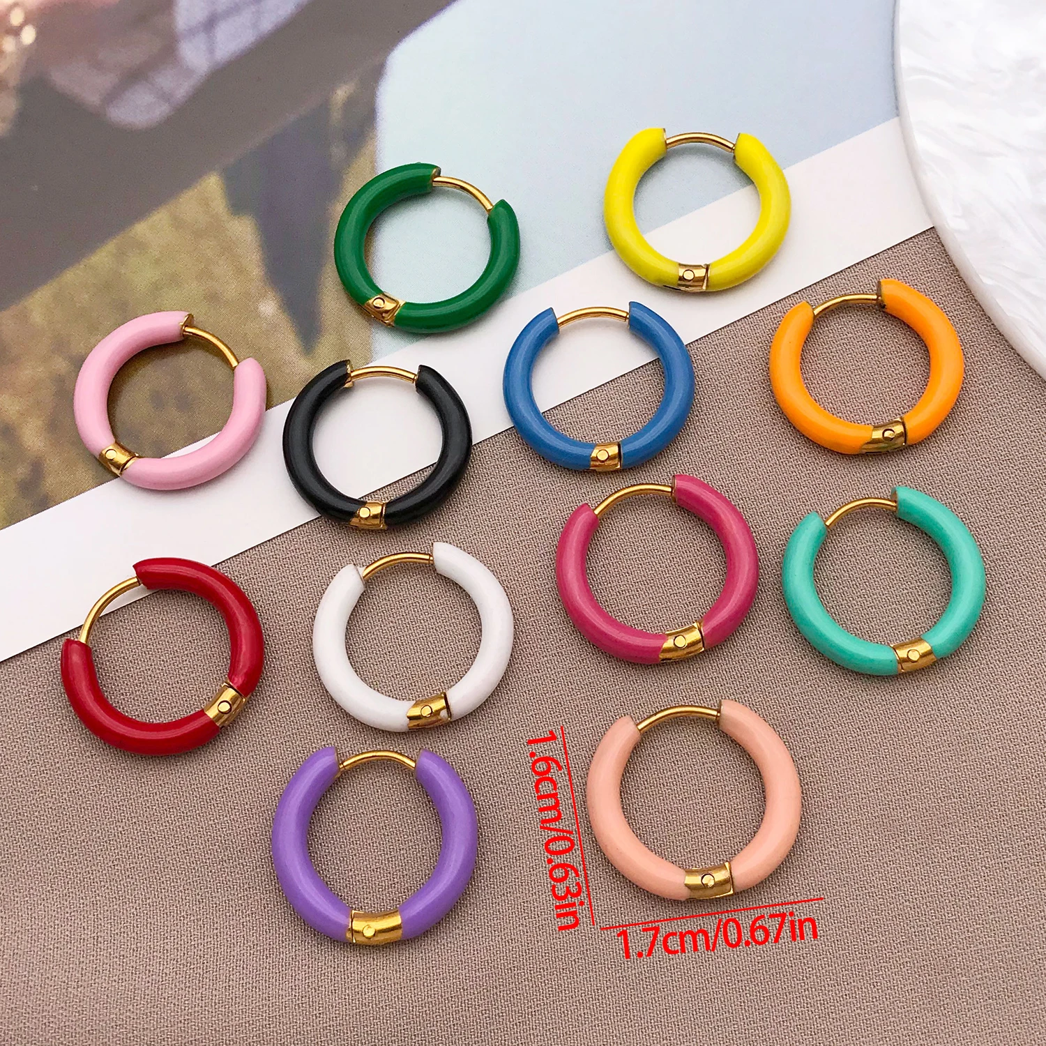 2pcs 16x17mm Women Fancy Candy Color Enamel Hoop Earrings Sweet Summer Hoop  Earrings Settings Stainless Steel Jewelry Supplies