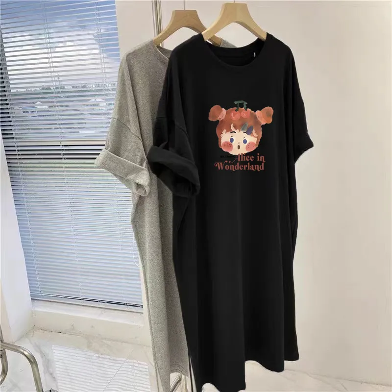 Cute Cartoon Print Summer Sweet Style Casual Oversized Loose Short Sleeved Dress for Women