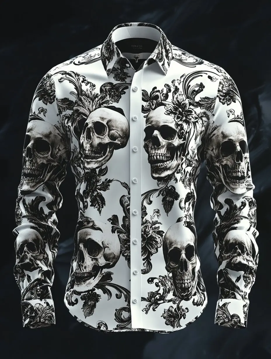 

New Men's Shirt Stripe Graphic Print Slim Fit Skull Outdoor Streetwear Long Sleeve Button Clothing Fashion Street Style Design