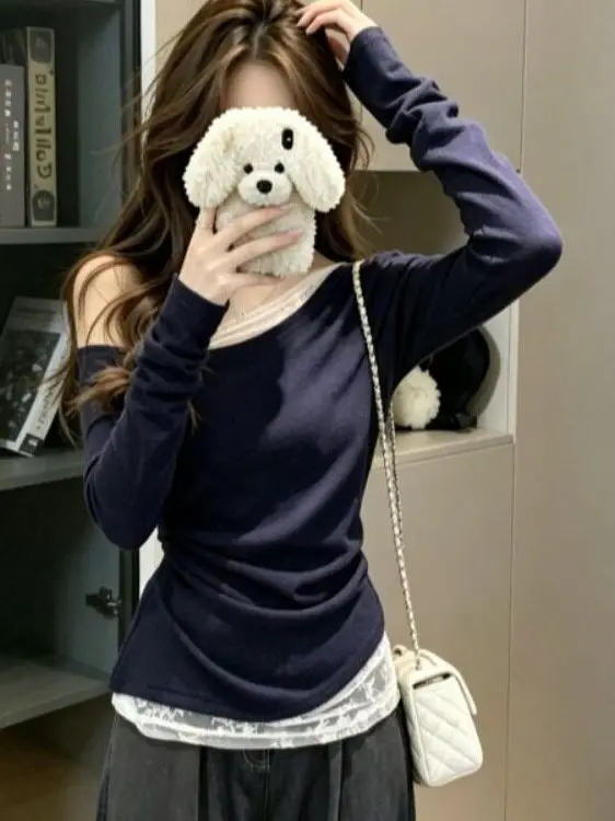 Pure Desire Lace Splice Long Sleeve T-Shirt Women's Initial Autumn New Slim Fit Asymmetrical Shoulder Design Sense Top
