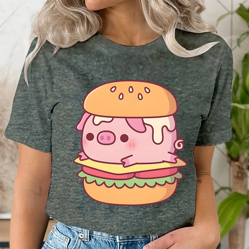 Harajuku Fashion T-shirts Aesthetic for Women Trend Casual Tee Clothes Female Clothing Funny Burger Pig Animal Print Tee Shirt