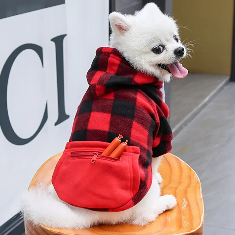 Autumn Winter Dog Hoodie for Small Medium Dogs Hooded Sweatshirt with Pocket Plaid Pet Clothes Sweater Casual Puppy Cat Hoodies