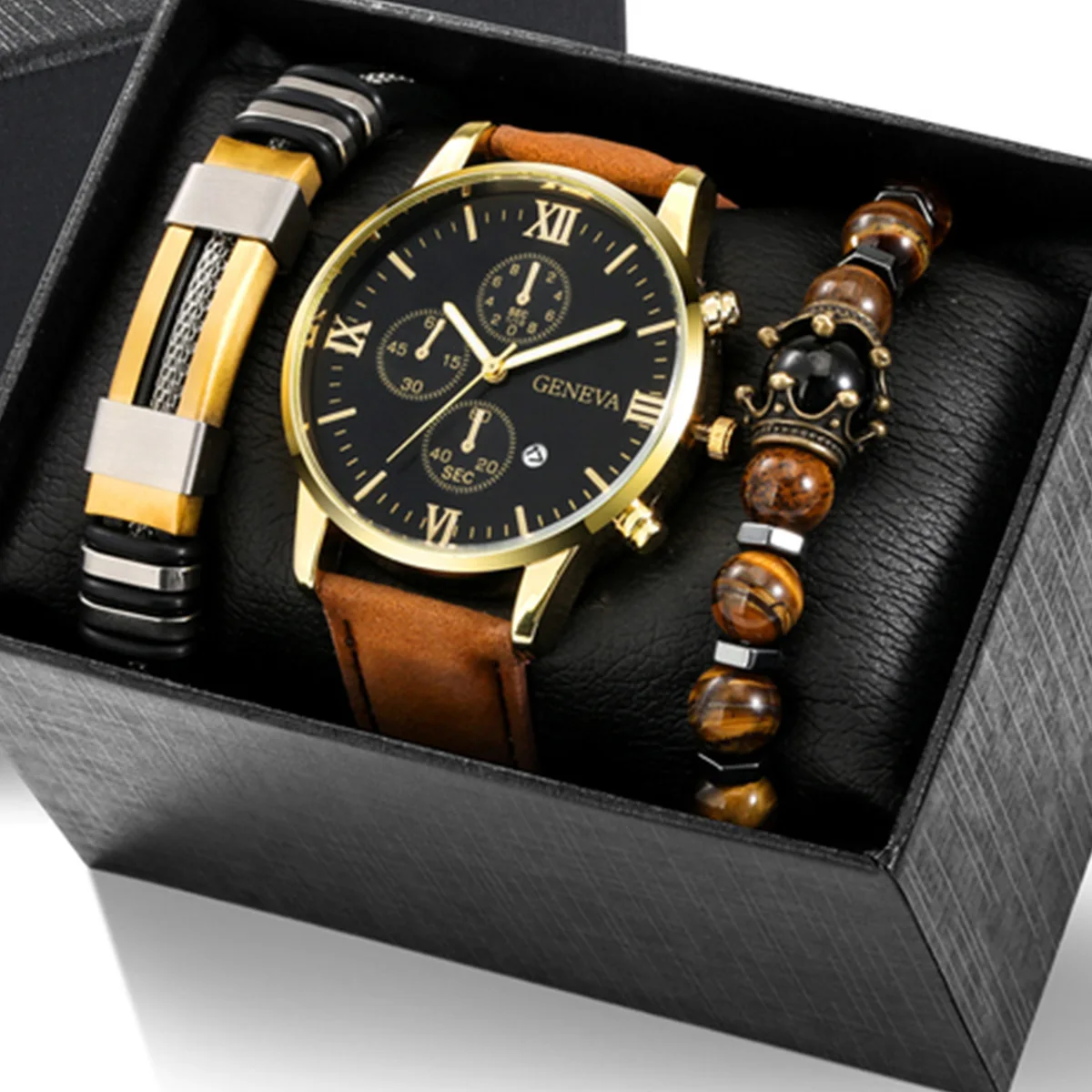 3pcs/set Men Watch and Bracelet Set with Box Fashion Leather Strap Casual Business Quartz Wristwatches Male Clock Mens Gift Set