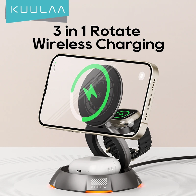 

KUULAA 3 in 1 Wireless Charging Foldable Portable Magnetic Travel Multifunctional Charger For iPhone 16 15 14 13 AirPods Watch