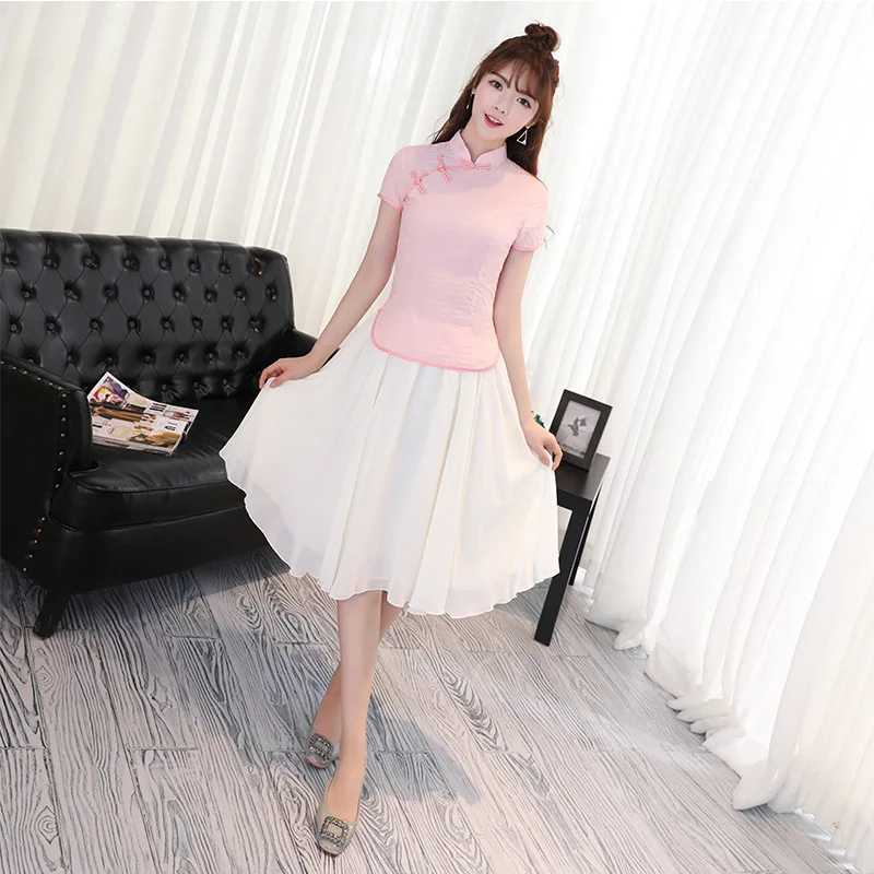 

2024 Summer Modern Cheongsam Chinese Top Skirt Suits For Womens Cute Pink Qipao Set Traditional Chinese Clothes Plus Size M-XXL