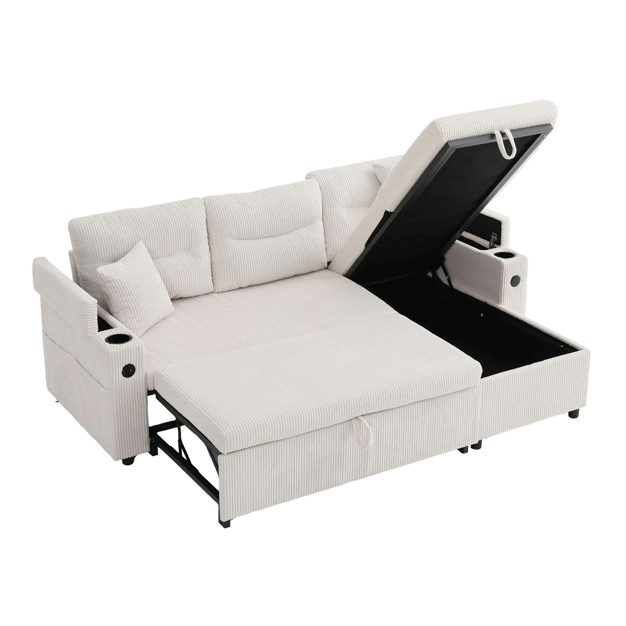 LVHOM Modernes Cord-Sofa & Leinen-Sofa, 3-Sitzer Ausziehbares Sofa mit Getränkehaltern, USB-Anschlüssen und Stauraum, Wohnzimmer-Sofa