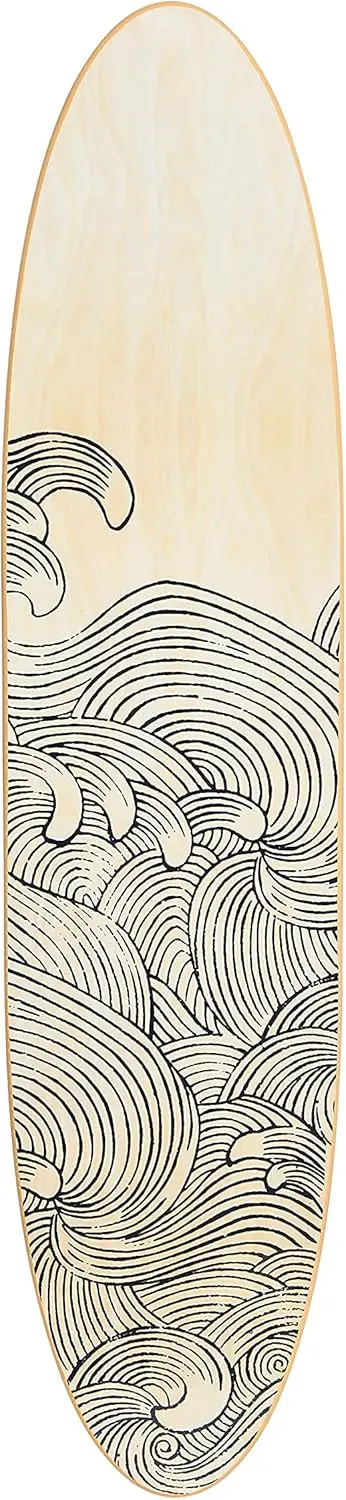 

Coastal Surfboard Wall Decor with Wave Design on Natural Wood, Hangs Vertically or Horizontally