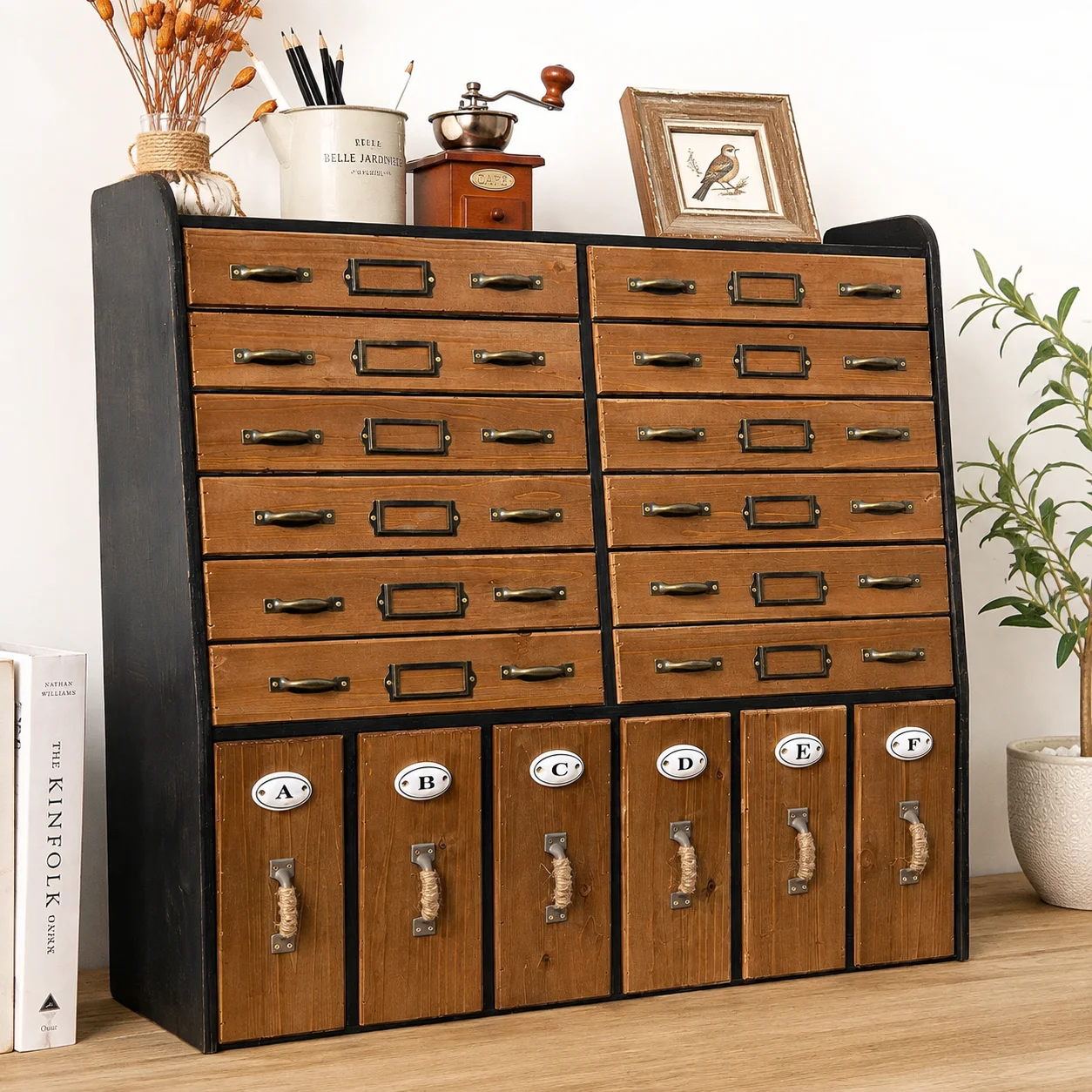 Vintage 18-Drawer Apothecary Cabinet, Wall-Mounted & Tabletop Wooden Storage Organizer with Label Holders, Rustic Drawer Chest