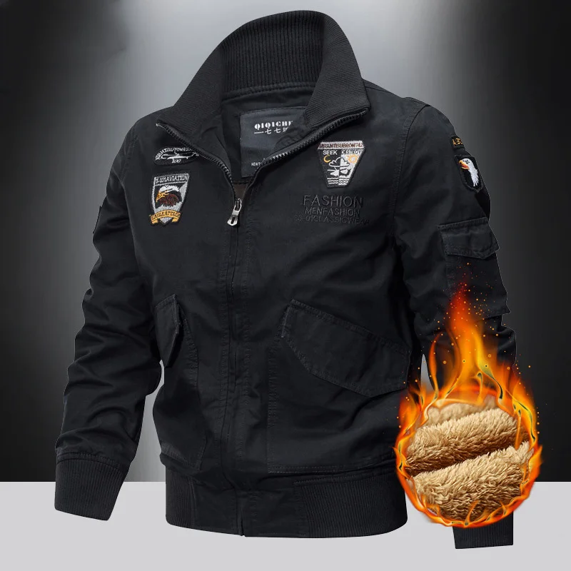 

Man Cargo Jacket Autumn Winter American Retro Letter Embroidery Male Coat Stand Collar Long Sleeve Outdoor Casual Men Outerwear