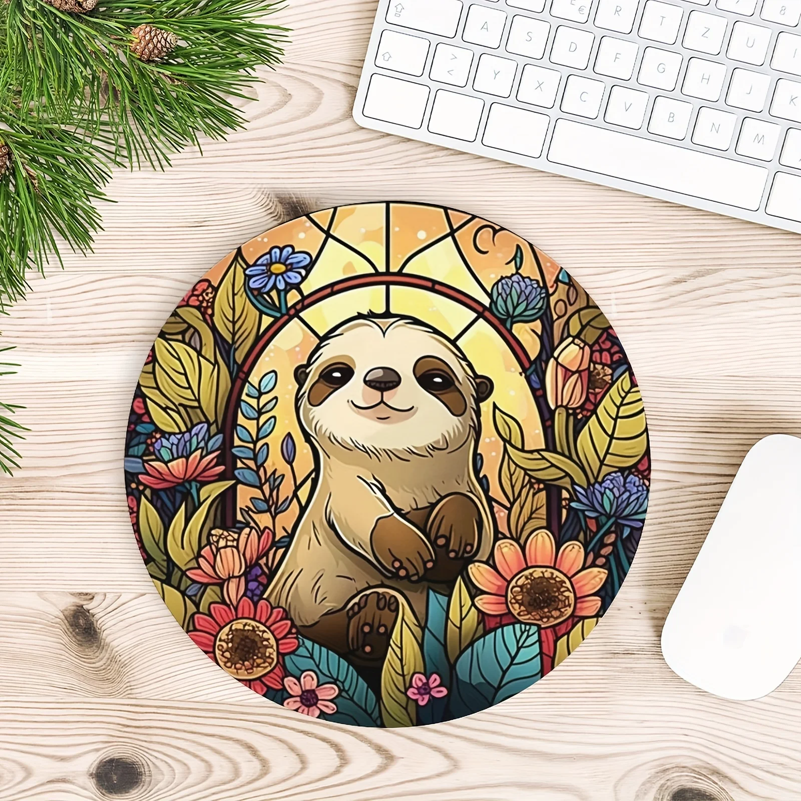 Sloth Round Mouse Pad Desk Mat Non-Slip Rubber Pad Laptop Office Desk Mats Mousepad Laptops Setup Office Desk Accessories