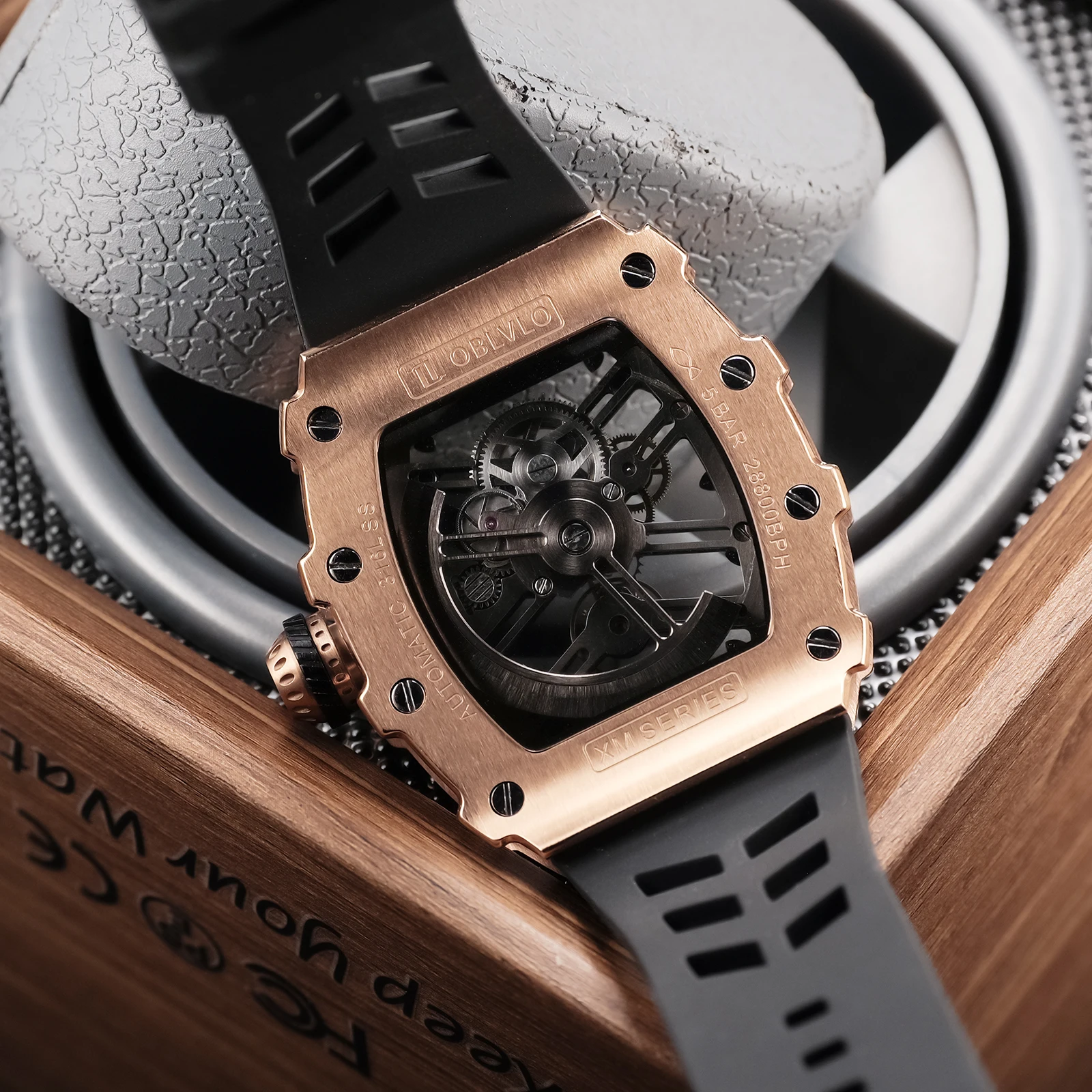 OBLVLO New Design Rose Gold Hollow-out Tonneau Rubber Mechanical Watches Waterproof Automatic Wristwatch For Men Reloj Hombre XM