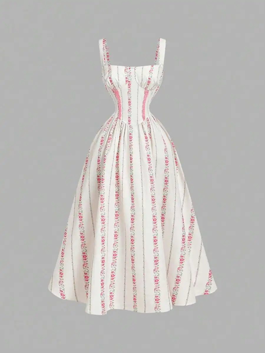 

Elegant Floral Print Waist Cinching Dress For Women Spring Summer Party Beach Wedding Guest