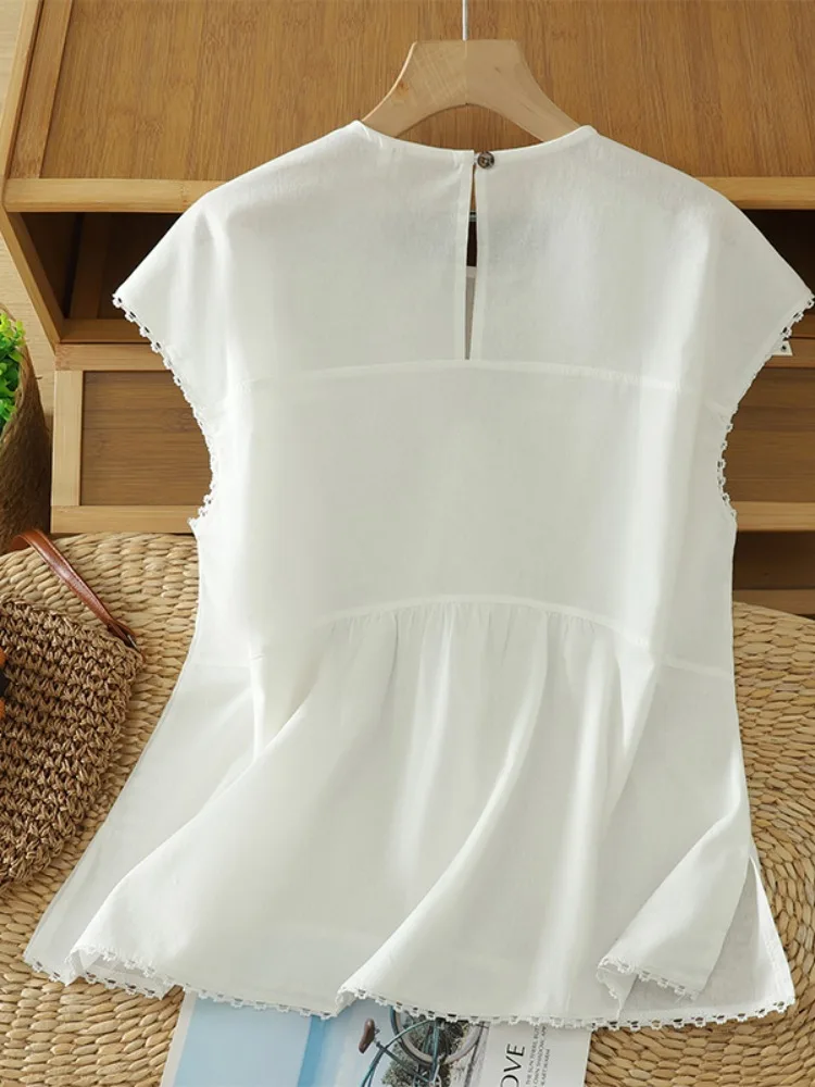 Japanisches Sle Svel rundes Ne Lace Trim Leinenmischung Damen T-Shirt Sommer Fre A-Linie Midi irt Lässig Bequem