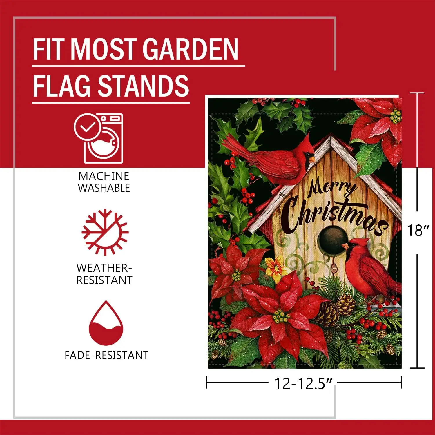 Furiaz Merry Christmas Cardinal Poinsettia Garden Flag, Winter Holiday Xmas Yard Outdoor Home Decorative Small Flag, Red Bird Ho