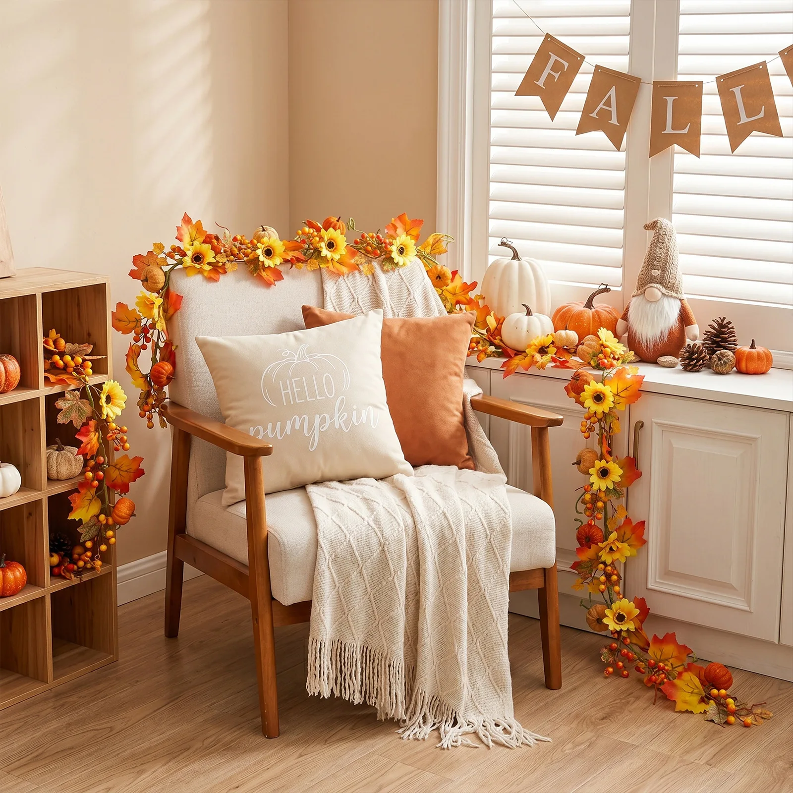Thanksgiving Mantle Scarf Autumn Harvest Vine For Thanksgiving Gathering Fade Resistant Fabric Plush Flocking Pumpkins